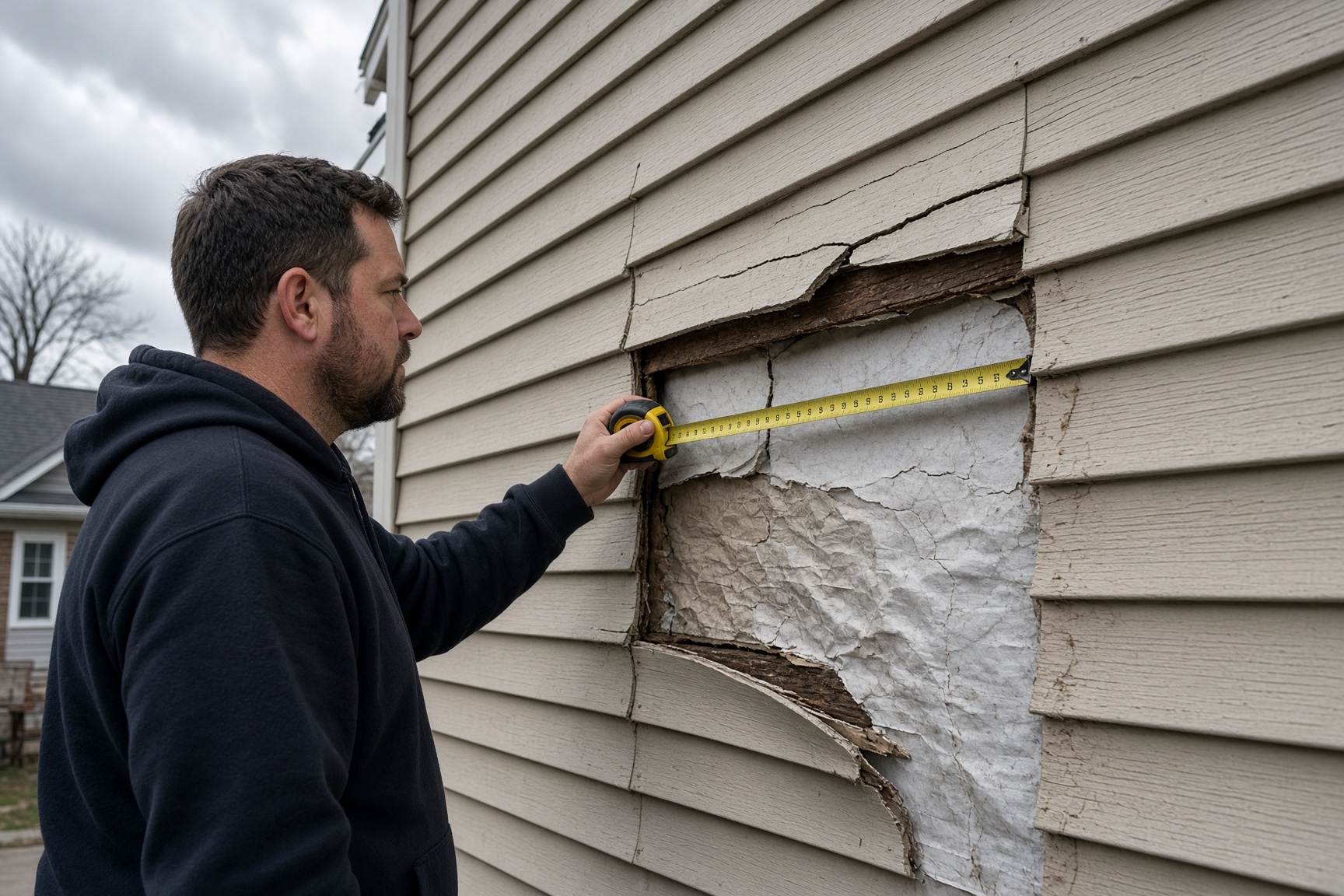 Contractor measuring storm-damaged vinyl siding