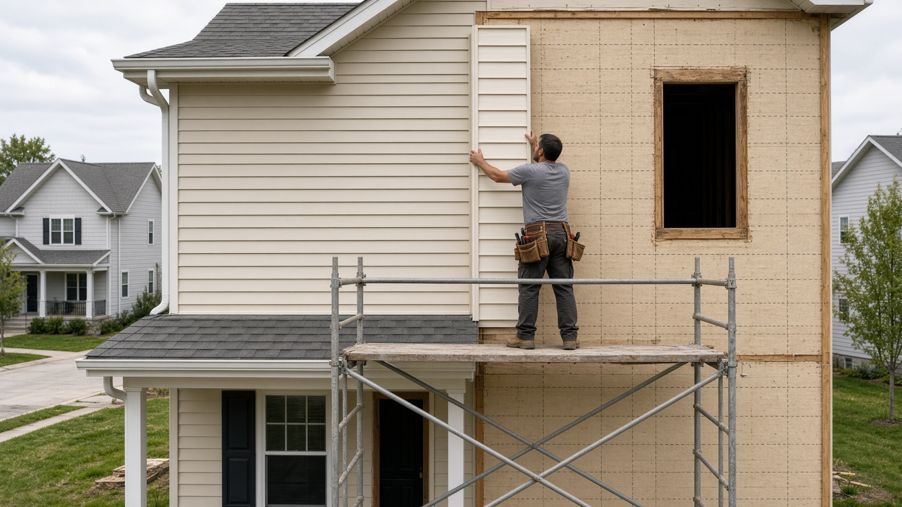 House partially wrapped and partly sided